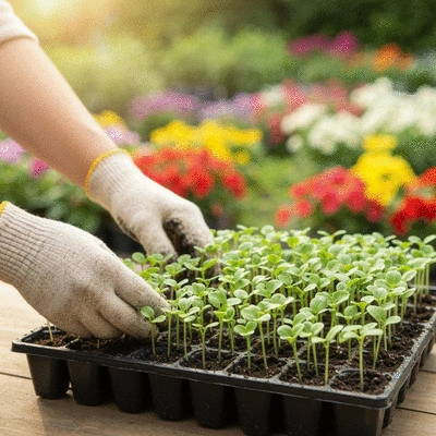Close-up of small green seedlings in a plastic tray, with hands gently tending to them