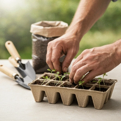 A gardener's hands carefully planting small seedlings into biodegradable trays, with gardening tools and a bag of soil in the background, bright and clean image, natural lighting