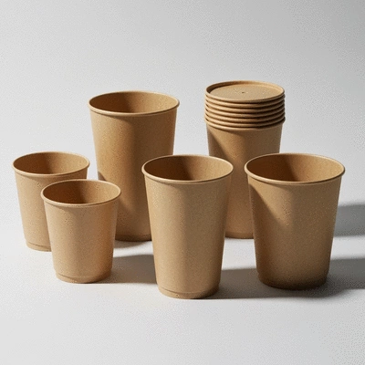 Eco-friendly disposable cups made from innovative bioplastic materials, natural light, clean image, no text, no words, no typography