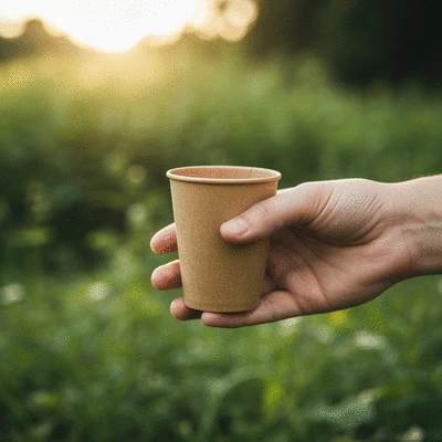 Close-up of a hand holding a biodegradable disposable cup in a natural setting, clean image