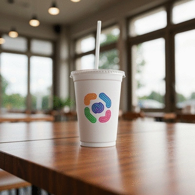 Custom branded plastic juice cup with a vibrant logo, in a cafe setting