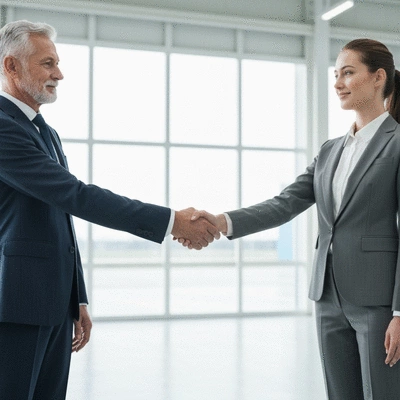 Business owner shaking hands with a supplier representative in a clean, modern factory setting, symbolizing reliability
