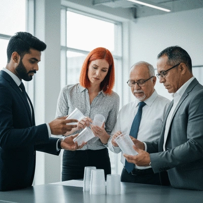 A diverse team of business professionals discussing supplier options in a modern office