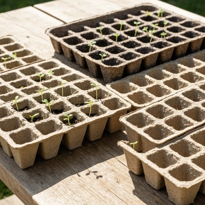 Close-up of various seedling trays made from plastic and biodegradable materials on a wooden table, with small green sprouts visible in some cells, clean image, natural light