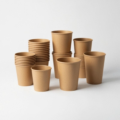 Assortment of disposable cups made from various sustainable materials, clean image