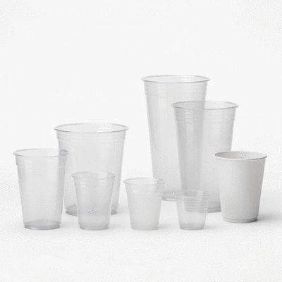 Modern disposable plastic cups for foodservice, various sizes, clean background, no text, no words, no typography
