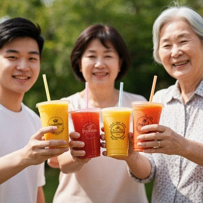 Custom plastic juice cups with various brand logos and designs