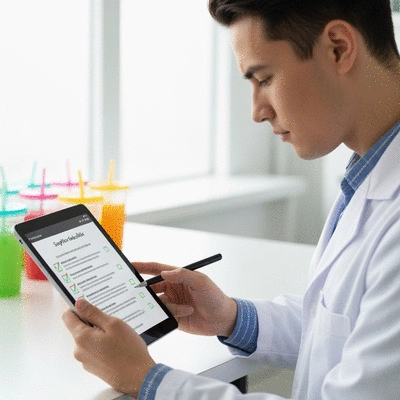 Person reviewing a checklist for supplier selection on a tablet, with various plastic juice cups in the background