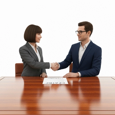 Two business people shaking hands over a contract, symbolizing successful negotiation and agreement.